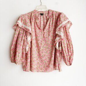 Who What Wear Floral Chintz Pink Green Ruffle Print Blouse XXL